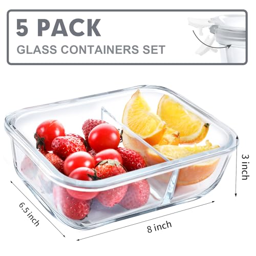 VERONES 5 Pack Glass Meal Prep Containers 2 Compartment Set, 36OZ Airtight Lunch Containers, Glass Food Storage Containers with Lids, for Microwave, Oven, Freezer & Dishwasher Friendly,White - color: White