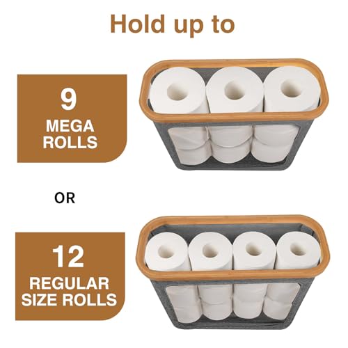 Toilet Paper Storage with Bamboo Lid,Foldable Basket Organizer for Bathroom, Holds 9 Mega/12 Regular Rolls, Waterproof Toilet Paper Holder Storage with Non-Slip Base,Gray - color: Gray