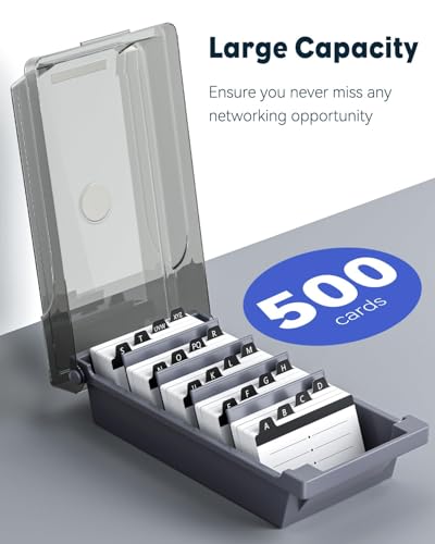 Uniclife Business Card Holder for Desk, Large Plastic Business Card Organizer Business Card Box with Lid, Dividers & A-Z Index Tabs, Desktop Index Card Holder, Name Card Storage Box, 500 Card Capacity - size: Medium