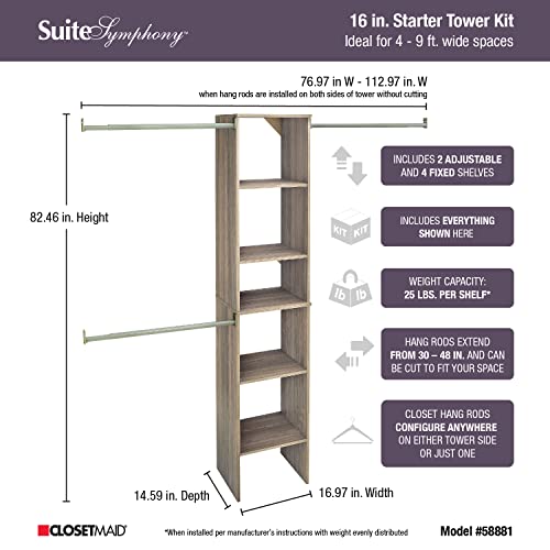 ClosetMaid SuiteSymphony Wood Closet Organizer Starter Kit with Tower and 3 Hang Rods, Shelves, Adjustable, Fits Spaces 4 – 9 ft. Wide, Natural Gray - color: Natural Gray, style: Starter Tower Kit