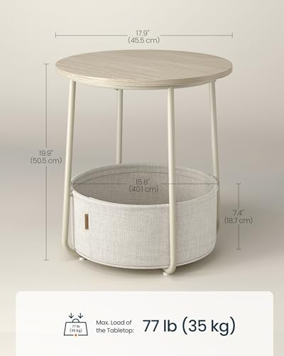 SONGMICS HOME Small Side Table, Round End Table, 2 Tier Nightstand with Basket, U Shaped Steel Legs, Easy Assembly, for Living Room, Bedroom, Beige and White - color: Beige + White, size: 1 pack