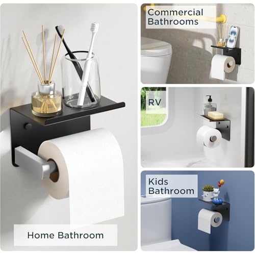 FORIOUS Toilet Paper Holder with Shelf, Adhesive or Screw Wall Mount Toilet Paper Roll Holder for Bathroom, Rustproof 304 Tissue Dispenser with Phone Shelf (1, Matte Black & Brushed Nickel) - color: Matte Black & Brushed Nickel