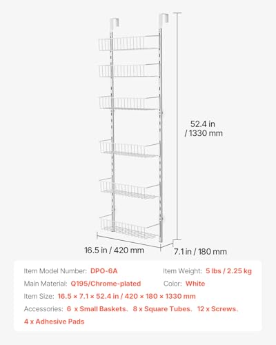 VEVOR Over the Door Pantry Organizer, 6-Tier Pantry Organization and Storage, Heavy-Duty Steel Hanging Spice Rack, Adjustable Wall Seasoning Shelves, for Home Kitchen Laundry Room Bathroom, White - color: White, size: 6-Tier