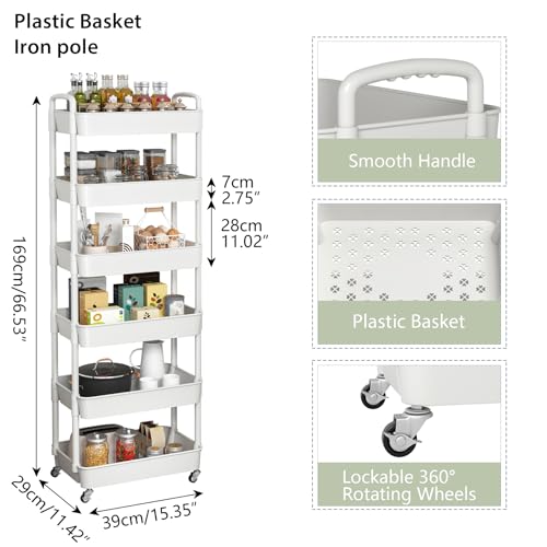 Sywhitta 6-Tier Plastic Rolling Utility Cart with Handle, Multi-Functional Storage Trolley for Office, Living Room, Kitchen, Movable Storage Organizer with Wheels, White - color: White, size: 6-tier