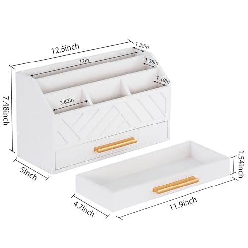 dreampossible white Wood Desk Organizer and Accessories with Drawer, Bill Mail Organizer and File Mail Holder for Office Supplies, Modern Desk Accessories & Workspace Organizers for Desk Organization - color: White A