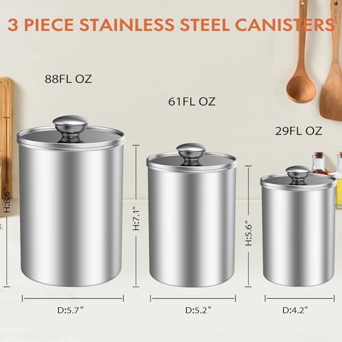 ENLOY Stainless Steel Food Storage Container Set of 3, 88/61/29 oz with Clear Glass Lids - Ideal for Coffee, Tea, Sugar, Flour Canisters - size: Medium
