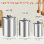 ENLOY Stainless Steel Food Storage Container Set of 3, 88/61/29 oz with Clear Glass Lids - Ideal for Coffee, Tea, Sugar, Flour Canisters - size: Medium