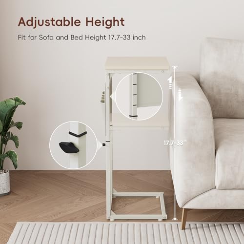 Vagusicc C Shaped End Table, 32'' Tall Side Table for Couch, Adjustable Height Small Couch Side Table for Small Spaces, End Table Slide Under Sofa Table TV Tray Table Arm Table for Living Room - color: Cream White