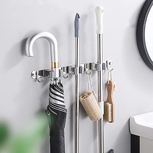 Broom Mop Holder Wall Mount Cleaning Tool holder, Heavy Duty Stainless Steel Broom Hanger Rack Hook Organizer, Garage Storag Racks wall Mounted Broom Hanger for Home, Kitchen, Garden, Garage, Landry