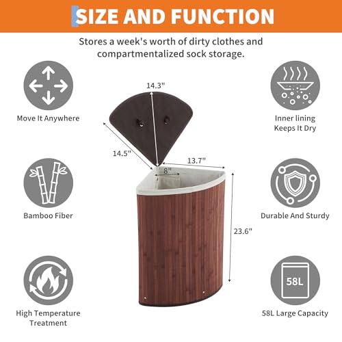 Bamboo Laundry Hamper Large 58L with Removable 2-Section Liner, Foldable Storage Basket with Lid and Handles for Bedroom, Laundry Room, Small Spaces – Brown - Triangle - color: Brown - Triangle
