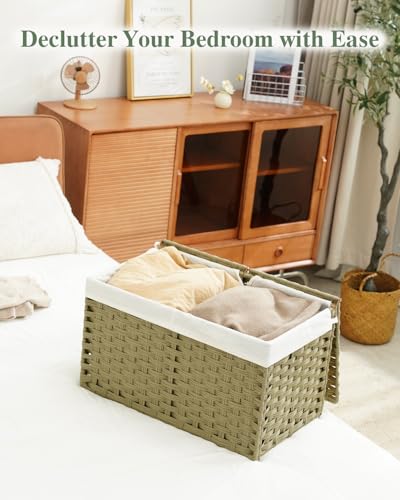SETVSON Storage Basket with Lid Rattan Woven Storage Baskets with 2 Separate Lids, 17.2 Gallon (65 L), Wicker Storage Bins Foldable, 2 Removable Liner Bags Handles for Bedroom, Laundry Room Green - color: Green, size: 65L-22L*13W*13.8H