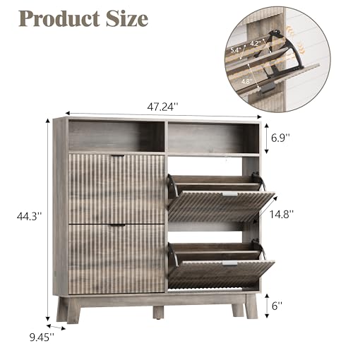 Shoe Cabinet Storage for Entryway with 4 Flip Drawers, Fluted Narrow Shoe Organizer with Wooden Legs & Top Cubby, Freestanding Slim Shoe Storage Hidden Shoe Rack for Front Door Entrance, Grey - color: Grey, size: 4 Drawer with Cubby
