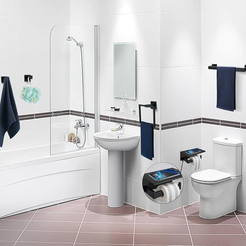 5 Pieces Bathroom Hardware Accessories Set Matte Black, 16Inch Square Towel Racks Set for Bathroom, SUS304 Stainless Steel Towel Bar Set, Toilet Paper Holder with Shelf Wall Mounted - color: Black, size: 16" 5pcs