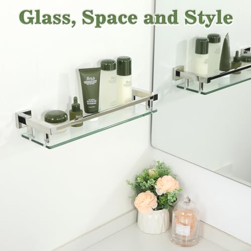 Alise Bathroom Glass Shelf with Stainless Steel Railing, Polished Chrome Small Tempered Glass Floating Wall Shelf Over The Toilet, 16 inch - color: Polished Chrome, size: 16 Inch