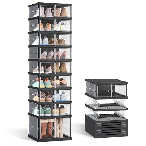SONGMICS Foldable Shoe Storage Organizer for Closet, Stackable Sneaker Cabinet with Magnetic Door, Large Plastic Container Bins for Entryway, 9-Tier for 18 Pairs, Transparent and Ink Black ULSP918BH01 - color: Transparent + Ink Black, size: 9 Tiers (18 Pa