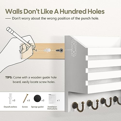 FifthQuarter Key Holder for Wall: Easy Mounted Key Rack and Mail Organizer with Store Shelf and Four Sturdy Keys Hooks Decor in Kitchen|Farmhouse|Entryway|Mudroom (White) - color: C-White