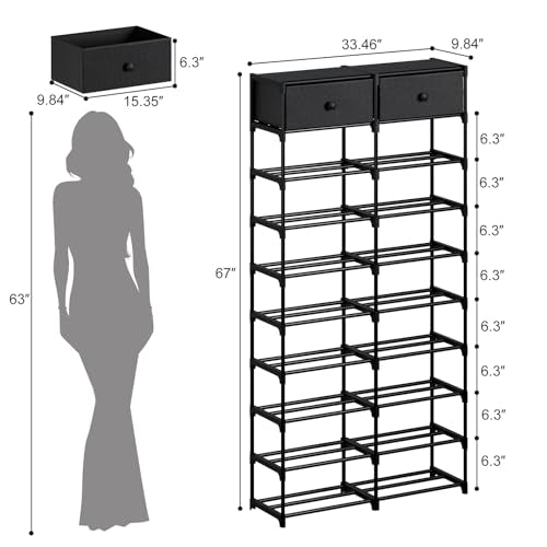Tall Shoe Rack, 10 Tier Shoe Rack Organizer with 2 Large Drawers, Shoe Storage for 36-40 Pairs, Sturdy Metal Shoe Shelf Shoe Stand for Closet Entryway, Black Grey - color: Black Grey, size: 10 Tier