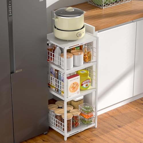 4 Tier Expandable Slim Storage Shelf, Metal Shelving Unit for Bathroom Storage Organizer, Freestanding Narrow Shelf for Small Spaces, Open Floor Shelves for Bathroom, Laundry Room, Kitchen,White - color: White, size: 4-tier
