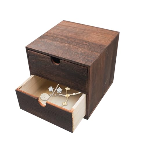 2-Drawer Desk Organizer Rustic Wooden Drawer Organizer for Storing Small Items Wood Countertop Drawer Organizers Storage Drawers for Desk Heavy Carbonization Farmhouse Storage Box (7 x 7in)