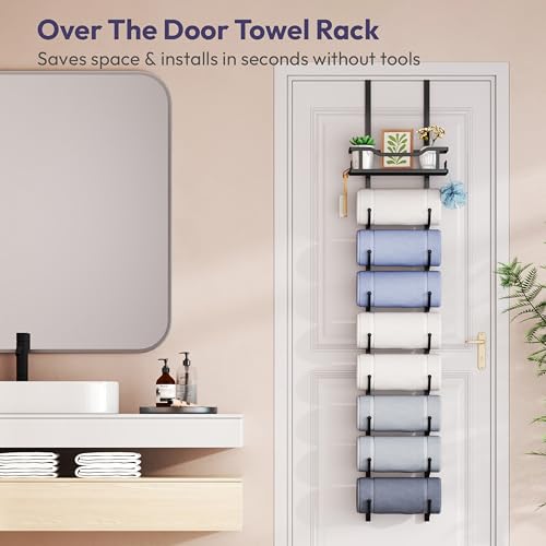 SWTYMIKI Over the Door Towel Rack - 9 Tier Towel Racks for Bathroom Wall Mounted, Towel Holder with Shelf, Hanging Rolled Towel Storage Organizer for Small Bathroom, Camper, RV, Black - color: Black, size: 9 Tier