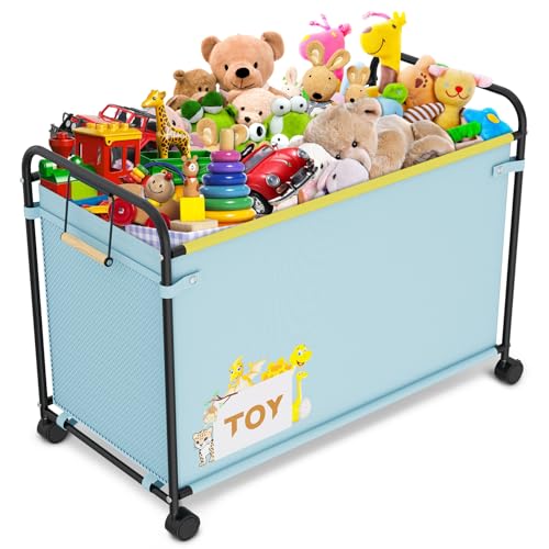 Extra Large Toy Box, 180L Toy Storage Organizer with Wheels, Metal & Oxford Cloth Toy Chest With Handle, Toy Box for Living Room Area, Nursery, Bedroom, Playroom, Toy Boxes for Boys, Girls, Kids - color: Light blue-1PCS