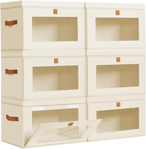 DIMJ Storage Bins with Lids - 6 Pack Large Fabric Closet Organizer with Window & Handles, Collapsible Decorative Storage Boxes for Shelves Under Bed, Books Clothes Blankets Sweaters Organization - color: Beige, size: Small-6 Pack