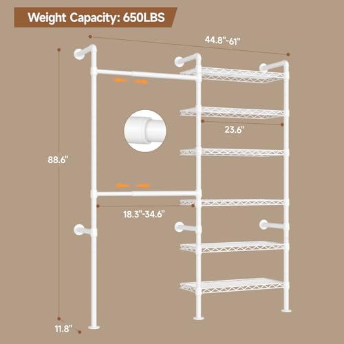 Wall Mounted Garment Rack, Walk-in Closet System with Expandable Rods, Adjustable Shelves, Industrial Pipe Clothing Racks, Hanging Clothes Organizers and Storage, Metal Closet Shelving Wardrobe - color: White