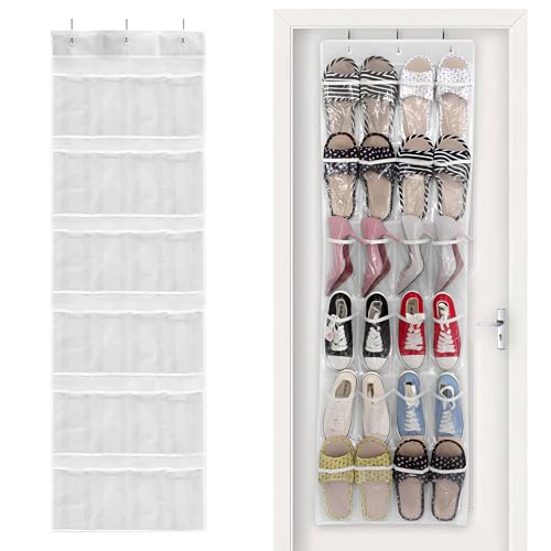24 Pockets Over the Door Shoe Organizer, Large Hanging Shoe Rack for Door, Mesh Pocket for Closet with 3 Metal Hooks, Jewelry Organizer Holder for Sneakers Men Women Bedroom (White) - color: white