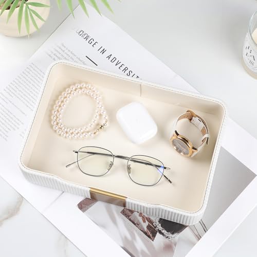 Valet Tray Desktop Storage Organizer, PU Leather Catchall Bedside Vanity Tray with Brass Accents Block Nightstand Organizer for Keys Watch Wallet Phone, Decorative Nightstand Storage (White) - color: White