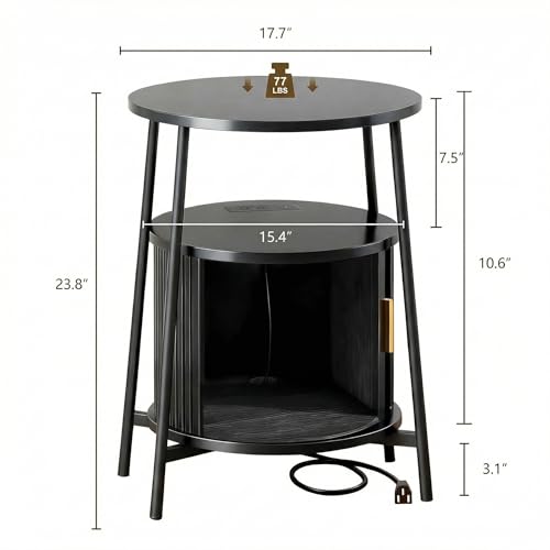 Round End Tables Set of 2: Fluted Side Table with Drawer & Charging Station, Mid-Century Modern Nightstand with Sliding Door for Small Space Storage, Living Room, Bedroom - color: Black, size: 2 PACK