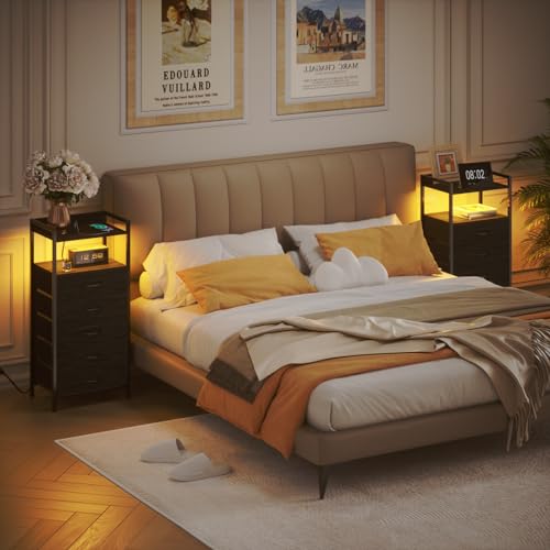Furnulem Night Stand with Charging Station, Tall Black Dresser for Bedroom, Nightstand with Led Light, Bed Side Table for Living Room, Fabric Storage Drawer, Metal Frame, Wood Furniture - color: Black Oak, style: 5 Drawer