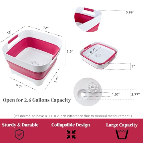 GIMWA 2.6 Gal(10L) Collapsible Camping Sink, Magenta Space-Saving Collapsible Dish Basin with Drain Plug for bottle washing, Collapsible Bucket for RV Essentials and Foot Soaking - color: Magenta