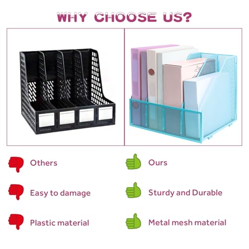 Desk Organizers, Metal Magazine File Holder with 4 Vertical Compartments Rack Binder File Organizer for Office Supplies, Home Workspace - Blue - color: Blue, size: 4 Compartments