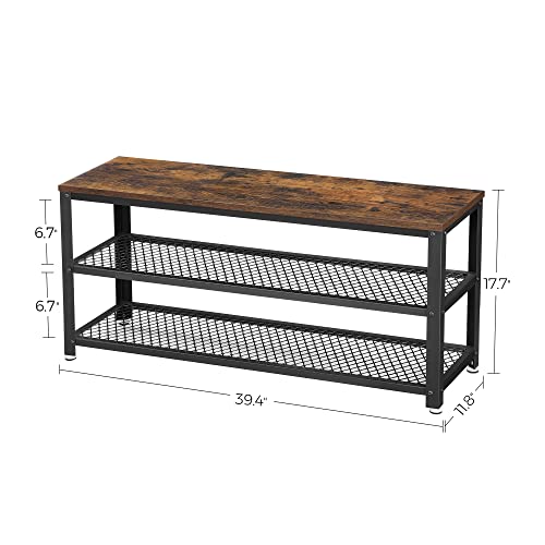 VASAGLE 3-Tier Shoe Rack, Shelf Storage Bench with Metal Mesh Shelves and Seat, Free Standing Shoe Organizer for Entryway, 11.8 x 39.4 x 17.7 Inches, Rustic Brown and Black ULBS078B01 - color: Rustic Brown + Black, size: 39.4"W x 17.7"H, style: Bench