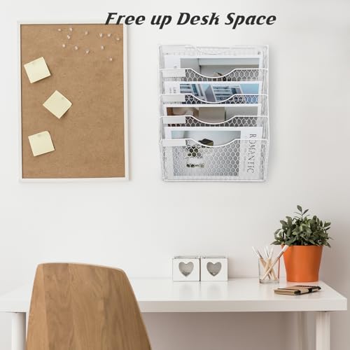 EASEPRES Mail Organizer Wall Mount Hanging File Holder Storage, Metal Chicken Wire Magazine Rack 5 Tier, White - color: White, size: 5 Tier