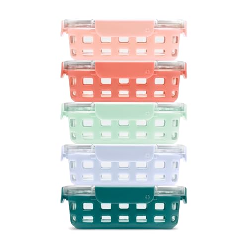 Ello Duraglass 3.4 Cup Meal Prep Sets 10Pc, 5 Pack Set- Glass Food Storage Container with Silicone Sleeve and Airtight BPA-Free Plastic Lids, Dishwasher, Microwave, and Freezer Safe, Melon - color: Melon, size: 3.4 Cup