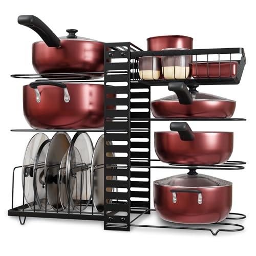 7-Tier Pots and Pans Organizer Under Cabinet - Cooking Pot Lid Organizer for Cabinet with Basket for Utensils, Lid Rack - Adjustable Vertical Holder Cookware Storage, Steel Pot Rack for Kitchen