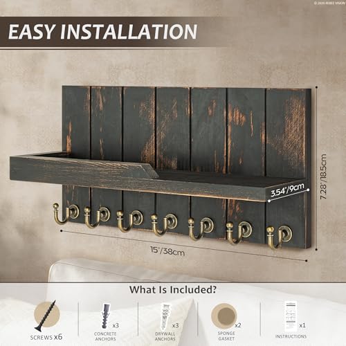 Rebee Vision Farmhouse Key Holder Wall Mount for Home Decor- Rustic Wooden Key Holder for Wall with Floating Shelf & 7 Sturdy Hooks - Ideal Mail Holder for Home Storage (Distressed Black) - color: Distressed Black, size: 15-inch
