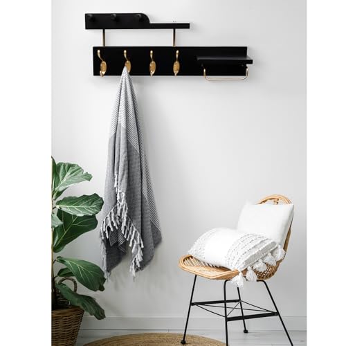 Coat Rack Wall Mount with Shelf, 4 in 1 Wood Coat Hooks with Key and Mail Holder, 17 Inch Entryway Hanging Shelf with Sunglasses Holder and 4 Metal Hooks for Clothes Hats Bag, Black and Gold - color: Black