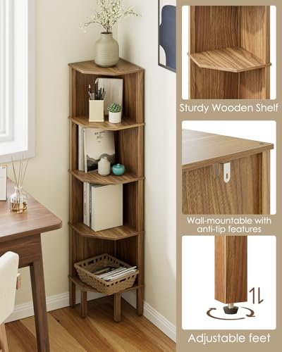 Corner Shelf, 5 Tier Corner Bookshelf, Display Corner Shelf Stand with Storage Rack, Wall Corner Bookshelf for Living Room, Bedroom, Office, Walnut - color: Walnut Without Light