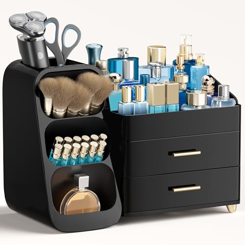 HBlife Cologne Organizer for Men Makeup Organizer with Brush Holder for Vanity, Large Plastic Bathroom Countertop Organizer Skin Care Storage, Fathers Day Gift for Dad Husband, All Black - color: All Black, size: Large