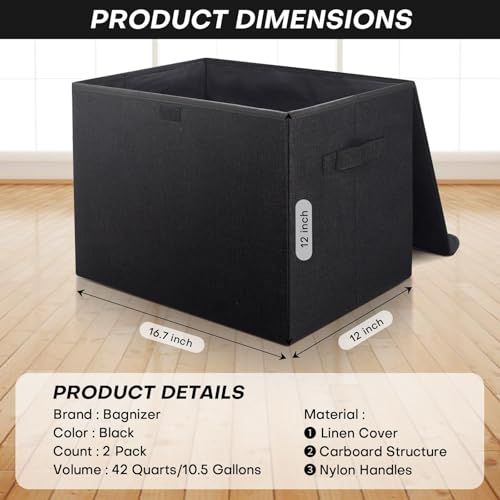 Bagnizer Large 42 Quarts Fabric Storage Bins with Lids [2-Pack] Linen Collapsible Foldable Storage Cubes, Closet Organizer Containers boxes with Handles for Home Office (16.7 x 12 x 12, Black) - color: Black, size: Large - 2 Pack