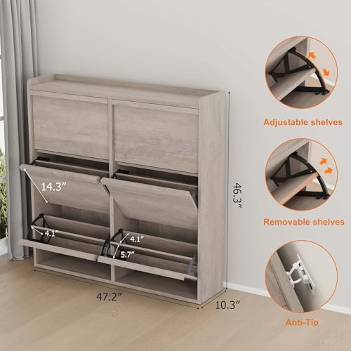 GarveeHome Shoe Cabinet with 6 Flip Drawers, Wooden Shoe Organizer Cabinet with Adjustable Shelf, Shoe Storage for Entryway, Hidden Shoe Cabinet for Hallway, Living Room, Grey - color: Grey, size: 6-Drawers