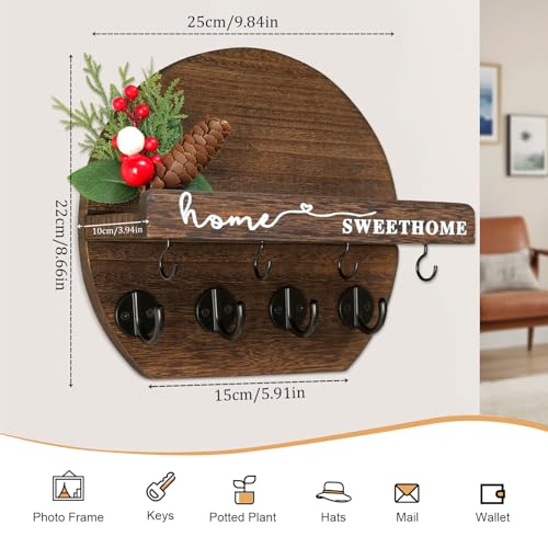 Key Holder for Wall, Key and Mail Holder Organizer - Key Holder Wall Mount with Bouquet Shelf and Key Hooks, Round Wooden Rustic Key Rack for Entryway and Home Decor (Brown) - color: Brown