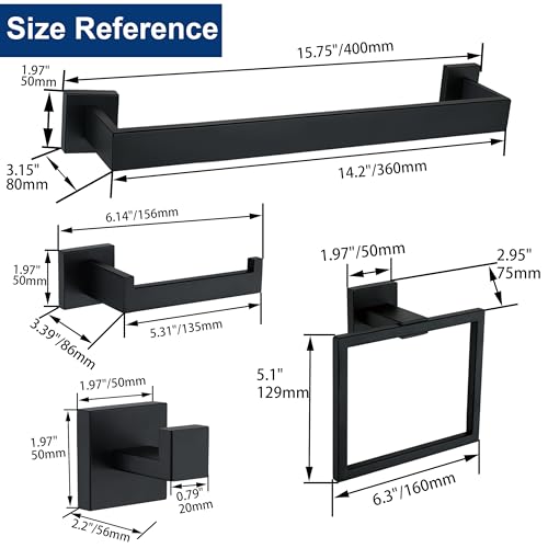 5 Pieces Bathroom Hardware Accessories Set Matte Black, 16Inch Square Towel Racks Set for Bathroom, SUS304 Stainless Steel Towel Bar Set, Bath Accessories Sets Wall Mounted - color: Matte Black, size: 16" 5pcs