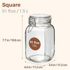 ComSaf Set of 3 Square Glass Jars with Airtight Lids (51 Oz), Wire Clamp Canisters for Pickling, Kombucha & Bulk Food, Wide Mouth Canning Jars for Space Saving Kitchen & Pantry Organization - size: 51oz*3
