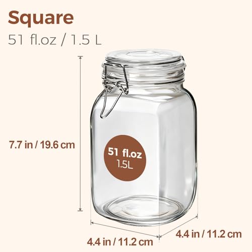 ComSaf Set of 3 Square Glass Jars with Airtight Lids (51 Oz), Wire Clamp Canisters for Pickling, Kombucha & Bulk Food, Wide Mouth Canning Jars for Space Saving Kitchen & Pantry Organization - size: 51oz*3