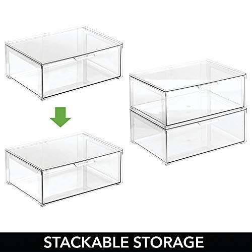 mDesign Plastic Stackable Closet Storage Organizer Bin Containers with Front Pull Drawer for Cabinet, Desk, Shelf, Cupboard, or Dresser Organization - Lumiere Collection - Clear - size: 16 x 12 x 6 (Pack of 1)
