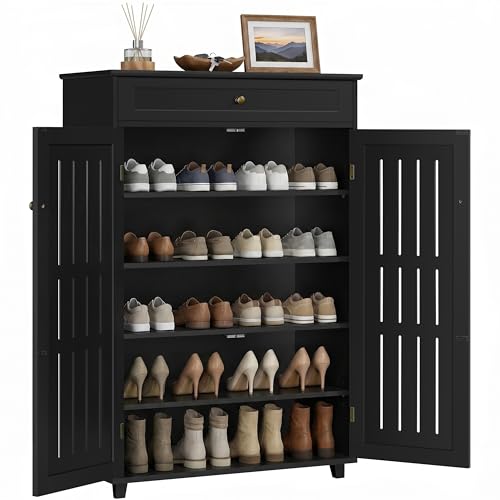 Yaheetech Shoe Cabinet, 5-Tier Shoe Rack Organizer with 1 Drawer, Freestanding Wooden Shoe Storage Cabinet with 2 Louvered Door & Adjustable Shelves for Entryway Hallway, Black - color: Black, size: 31 x 15 x 45.5''