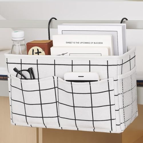 Bedside Caddy Organizer Hanging Storage Basket with Large Pockets & Hooks, Heavy-Duty Canvas Bedside Organizer for Bunk Beds, Dorm Rooms, Hospital Beds & Small Spaces (White Grid Pattern) - color: White Grid Pattern